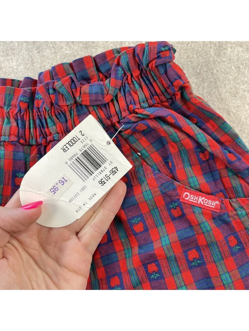 Vintage Rare OshKosh Bgosh Pants Toddler 2T Plaid Red Apples 100% Cotton